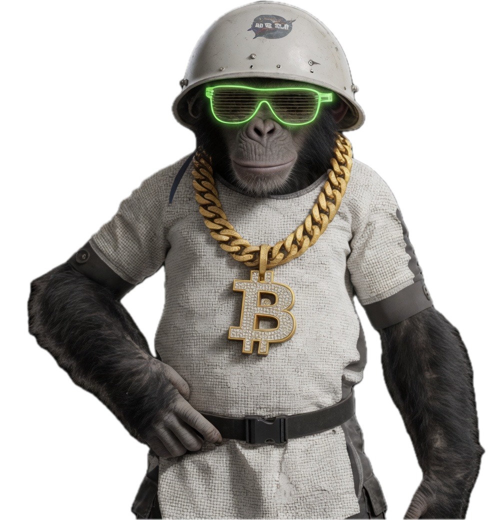 Ham the Chimponaut wearing a NASA helmet, neon shutter shades and a gold Bitcoin chain