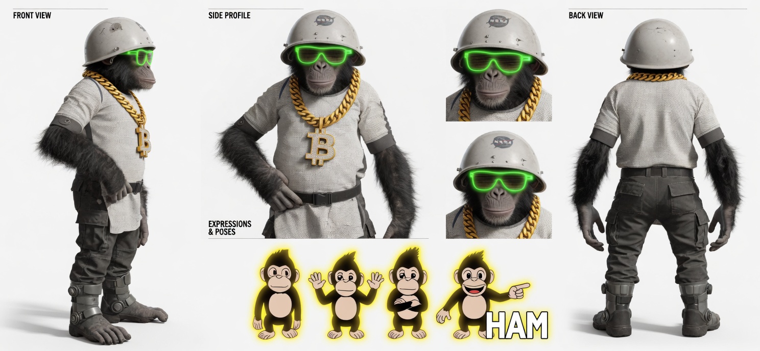 Ham character sheet showing front, side, back views and expressions